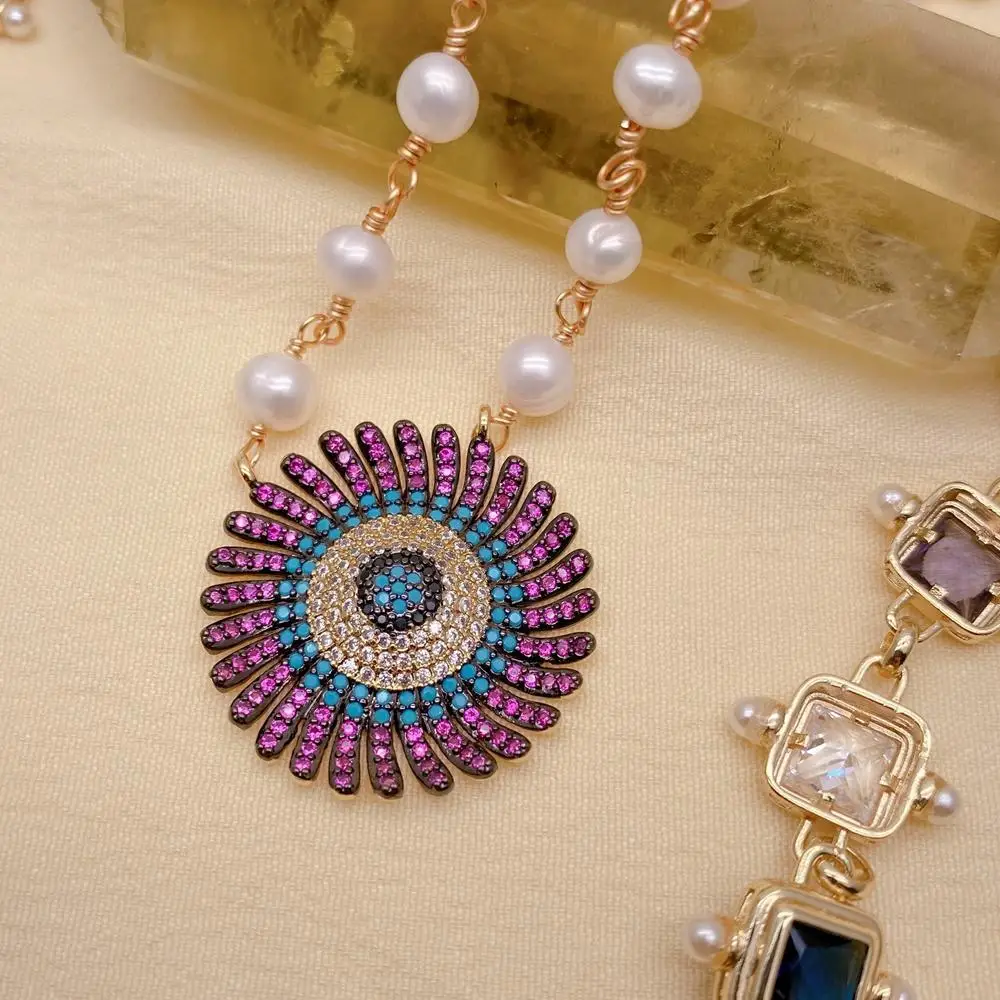 Y·YING  White Pearl Cubic Zirconia Chain Necklace Charm Coin Pearl Crucifix Pendant