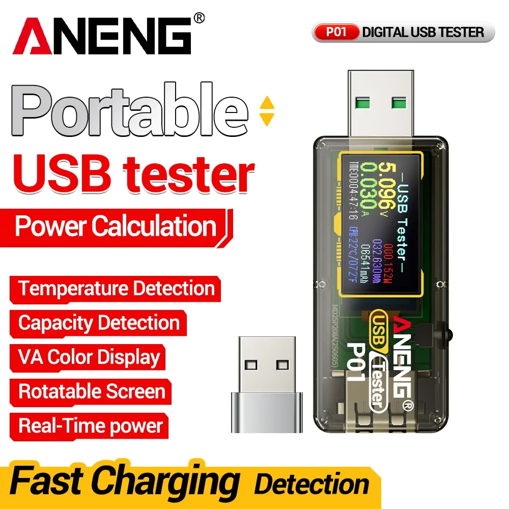 

ANENG P01 USB Energy Tester Load Resistance Measurement Accumulated Energy Wh Charging Head Performance Safety Testing Artifact