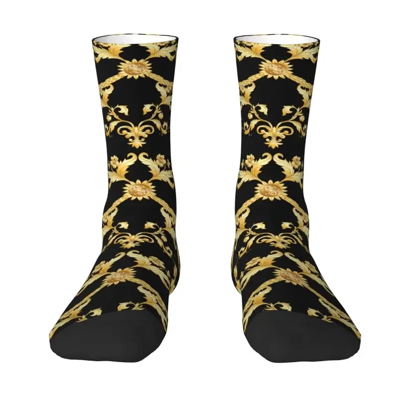 Luxury Golden European Floral Dress Socks for Men Women Warm Funny Novelty Baroque Victorian Art Crew Socks