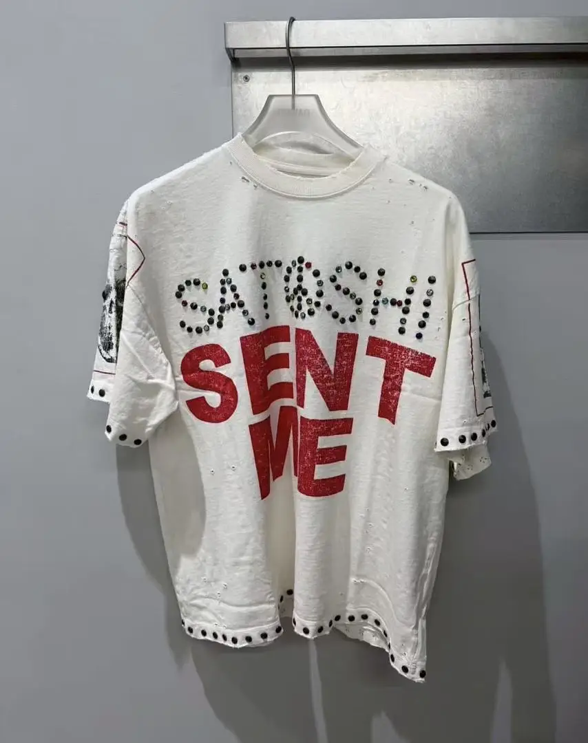26ss SATOSHI SENT ME Printed Washed Vintage Beaded Distressed Short-sleeve T-shirt