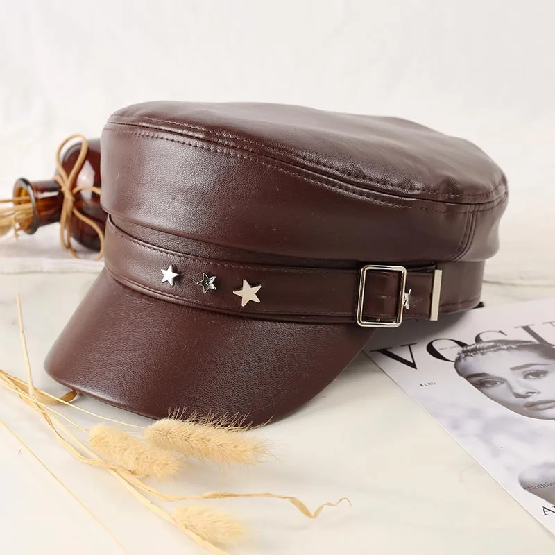 Designer Brand PU Belt Buckle Militray Hat Metal Pentagram Newsboy Caps Fashion Women Streetwear Flat Top Cap Navy Hat