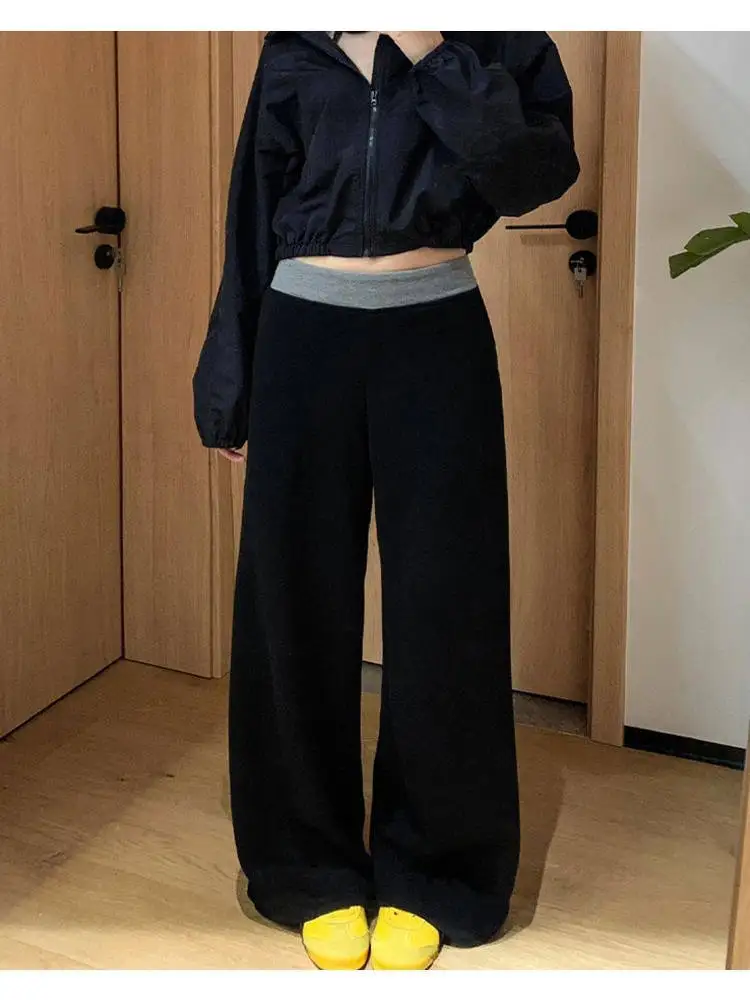 

Женские повседневные брюки больших размеров с высокой талией, широкими штанинами, черные, с вставками, свободного кроя, стройнящие, для полных девушек, осенняя мода