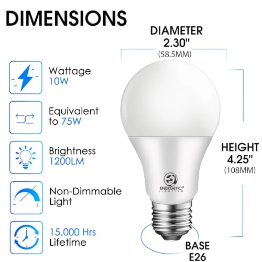 Energetic A19 Light Bulbs 75 Watt Equivalent, 1200LM Super Brightness,,E26 Standard Base, Non-Dimmable A19 10W LED Light Bulb,