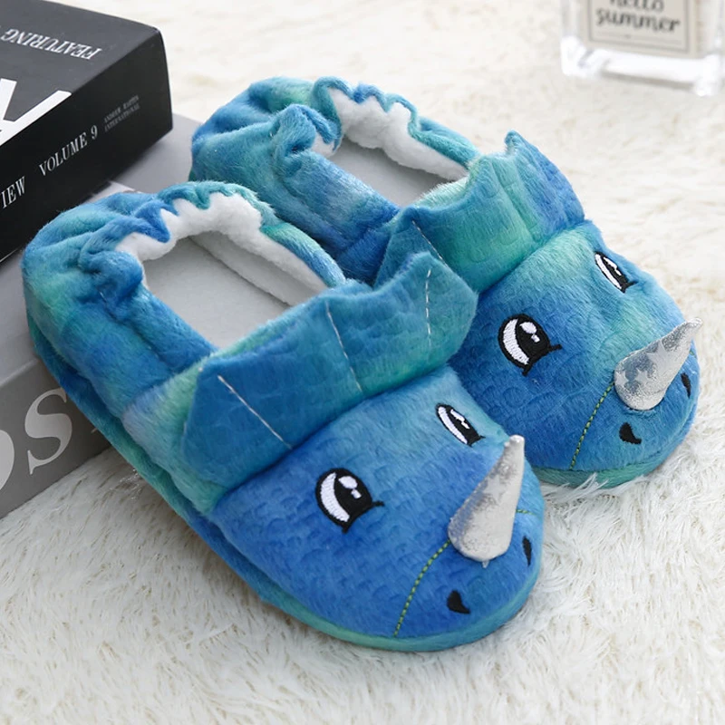 New Toddler Boys Slippers Indoor Winter Cartoon 3D Dinosaur Plush Warm Kid House Footwear Soft Rubber Sole Home Shoes Baby Items