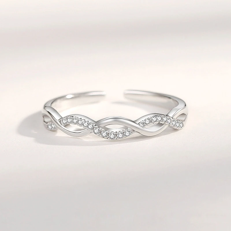 New 925 Sterling Silver Trend Weave Twisted Elegant Adjustable Rings Women&Girl Jewelry Gift Rhinestone Spiral Open Finger Ring