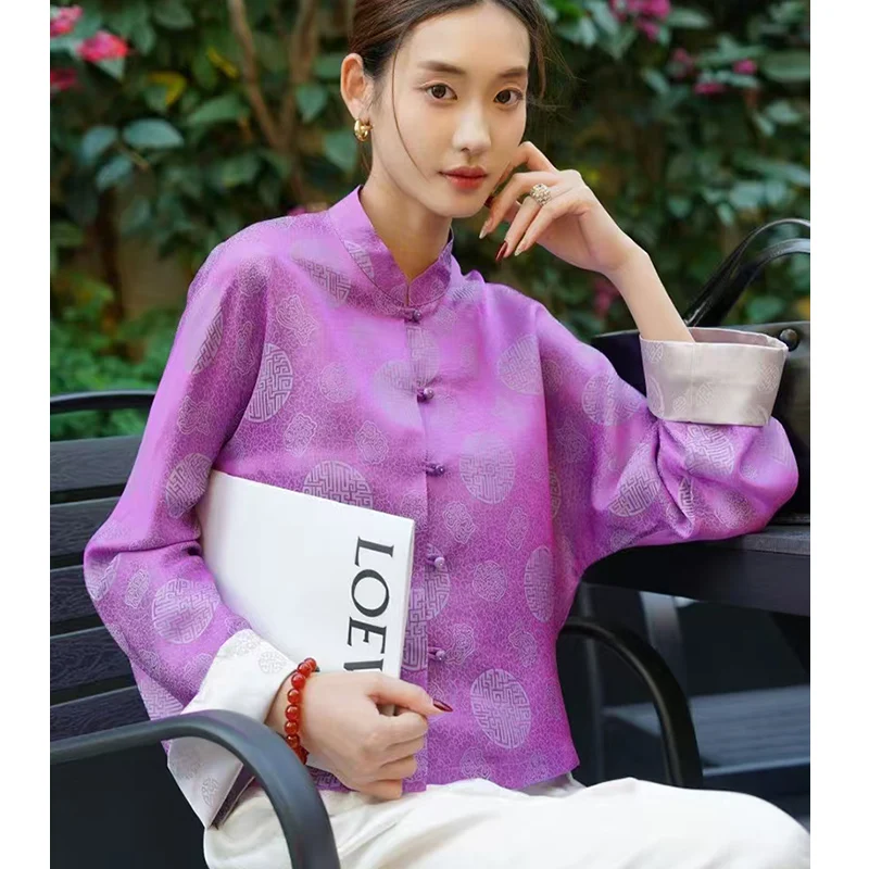 Spring and Summer New High Quality Stand Collar Contrasting Color Cuffs Chinese Style Button Silk Jacquard Coat for Women S-XL