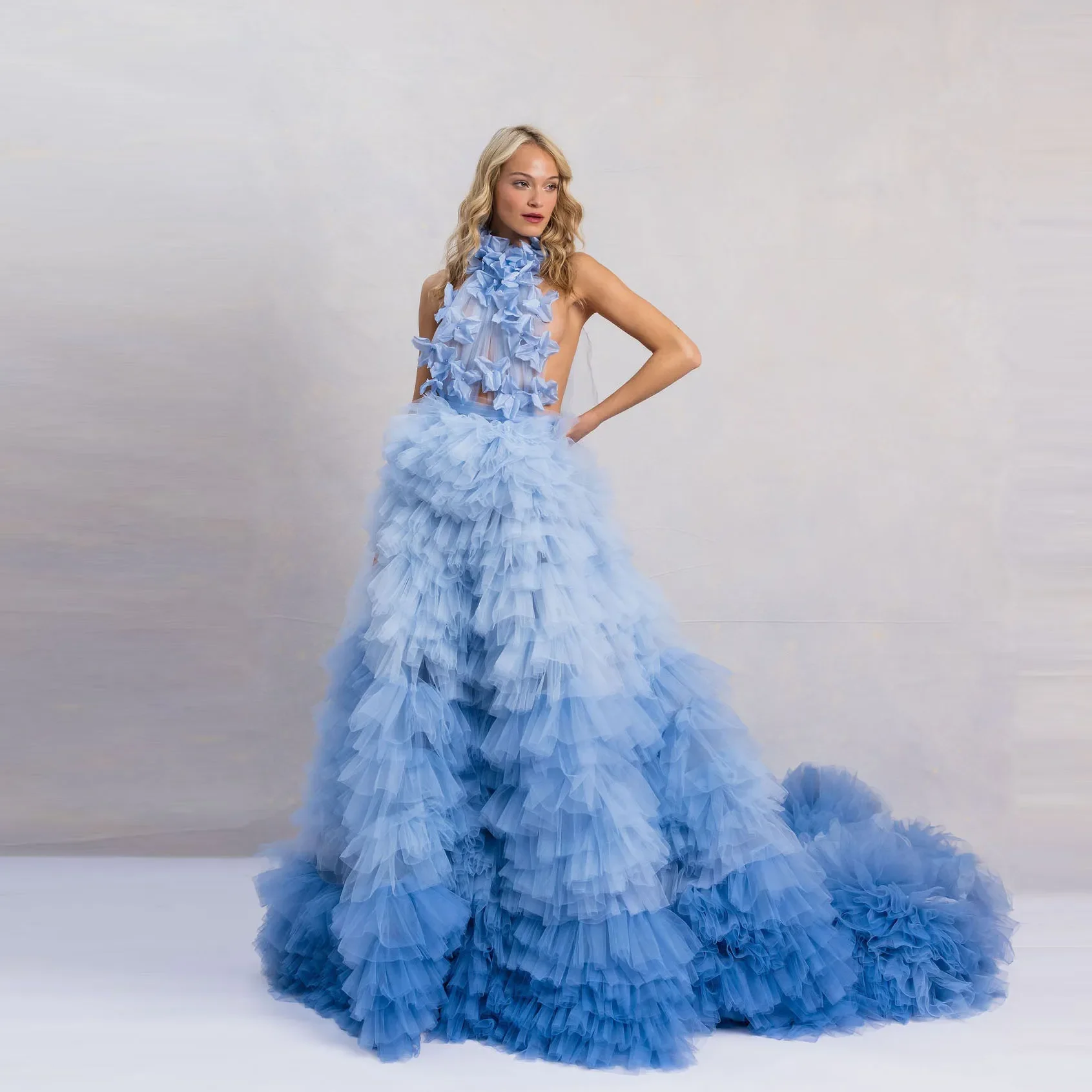 Blue Gradient Colored Prom Gowns Tulle Ruffles Elegant Princess Dresses Floral Party Dress Backless Open Sexy Custom Made