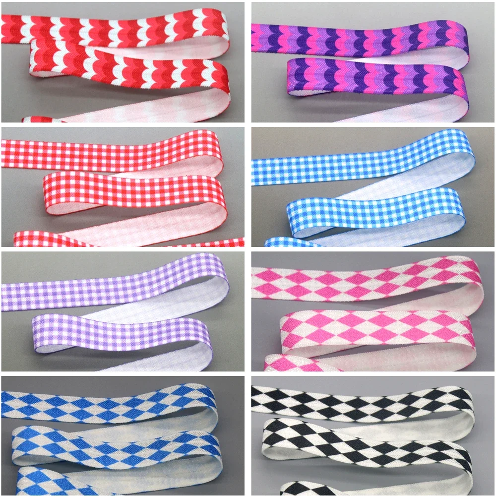 DHK 5/8'' 5yards Plaid Grid Wave Printed Fold Elastic FOE Stretch Ribbon Hairbow Headwear Headband DIY OEM C1863