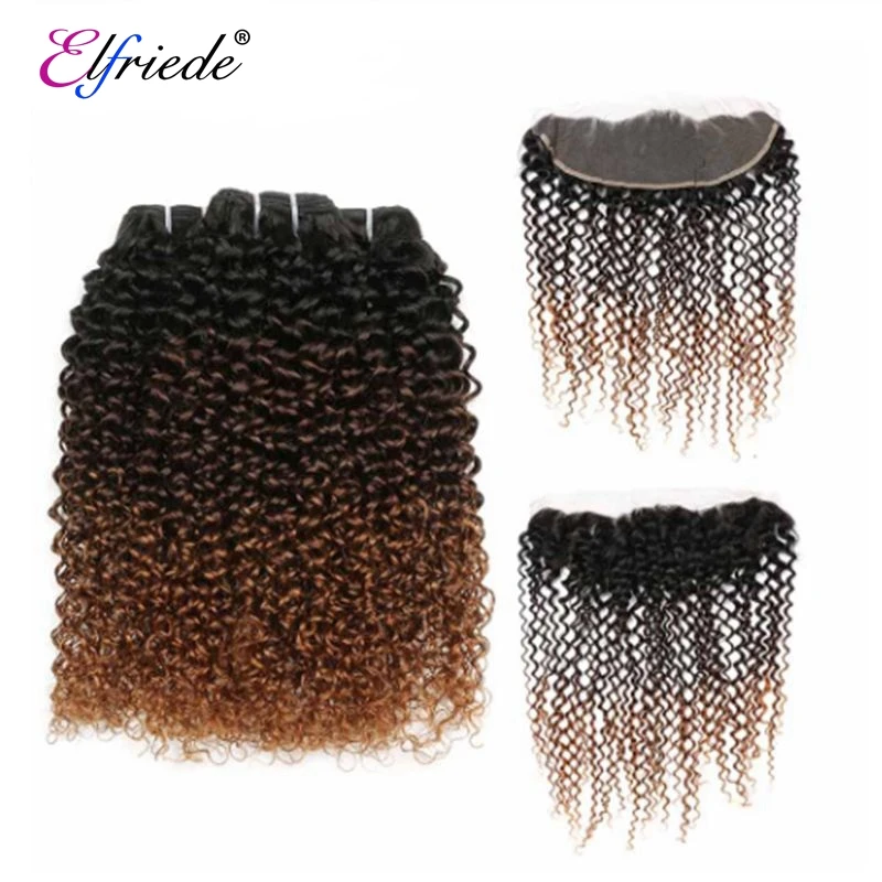 Elfriede 1B/4/30 Kinky Curly Ombre Colored Hair Bundles with Frontal 100% Human Hair Weaves 3 Bundles with Lace Frontal 13x4