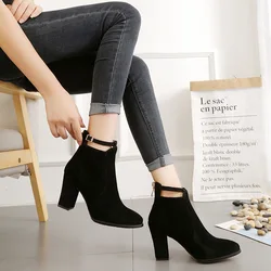 Women Plus Size Ankle Boots Korean Style Chunky Heel Back Zipper High Heels Solid Color Leisure Comfort Shoes Botas Femininas