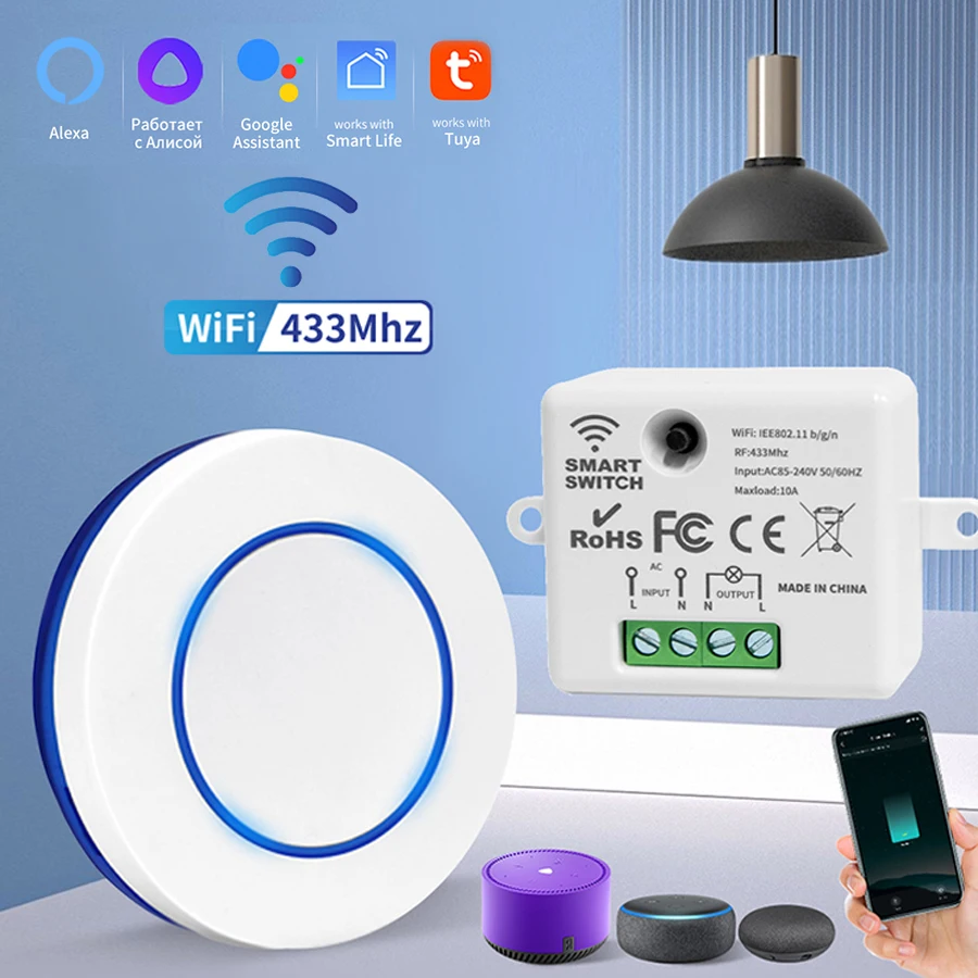 433MHz Wireless Remote Control Light Switch 220V 110V 10A Relay Controller Mini Round Button Wall Panel Switch For Bulb Lighting