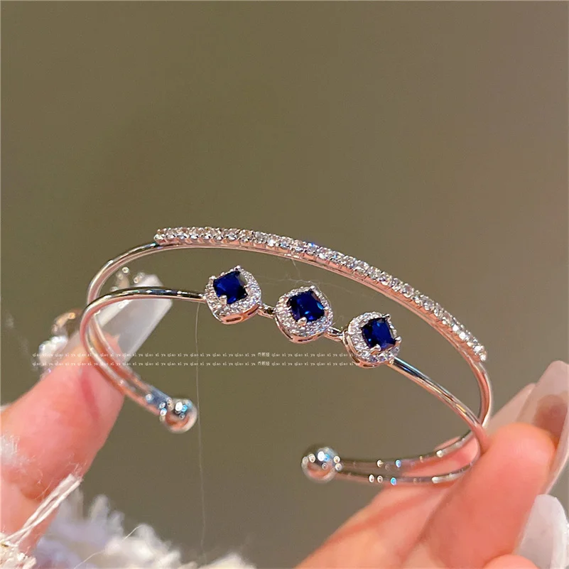 

Blue Gemstone Cuff Bracelet Adjustable Open Bangles For Women Double Layer Silver Color Luxury Jewelry Party Accessories