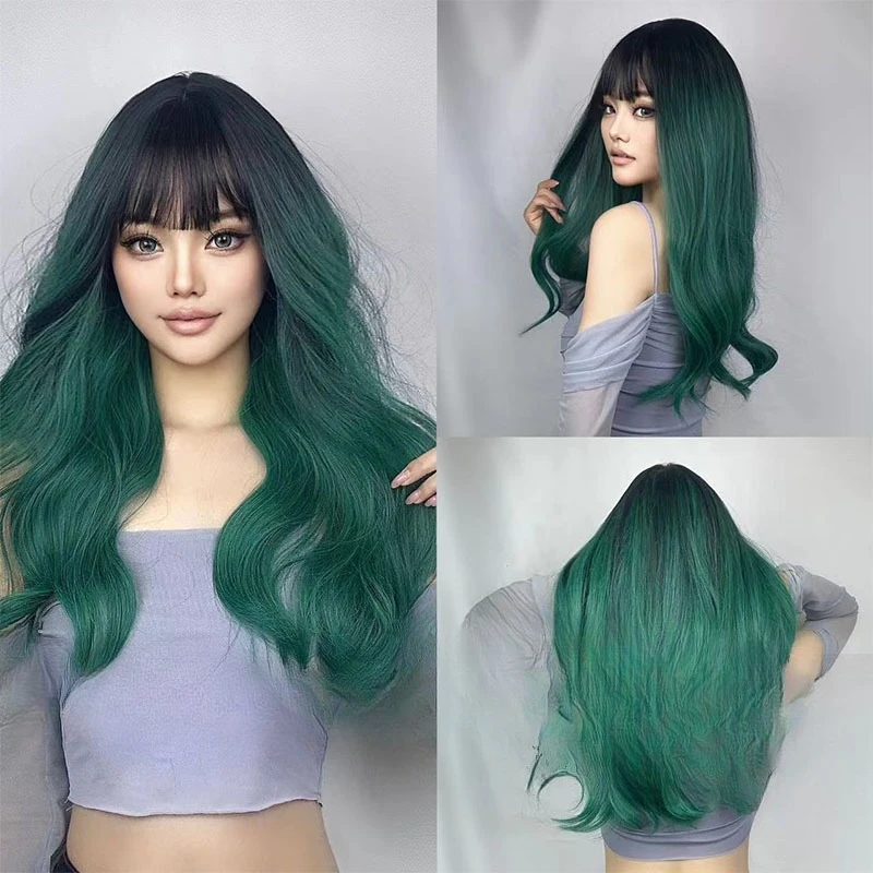 

The trend gradually changes green Qi bangs big waves long curly hair, daily wear cos full head wig