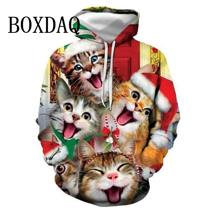 Christmas Cute Cat Women Hoodies 3D Printed Winter Hooded Hip Hop Casual Sweatshirts Hoodie Tops Fashion Loose Pockets New 2025