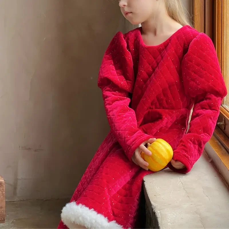 Baby Girl Princess Xmas Red Cotton Padded Long Dress Infant Toddler Child Winter Vintage Puffy Sleeve Thick Baby Clothes 18M-12Y