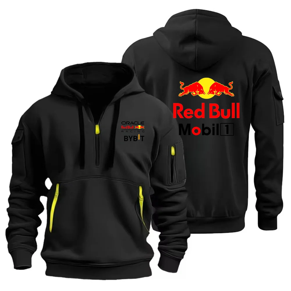 Camisa Pulôver Masculina com Capuz e Zíper, Multibolsos, Tamanho Grande, Outono-Inverno, Estilo Esportivo Casual, Jaqueta Top, Red Bull