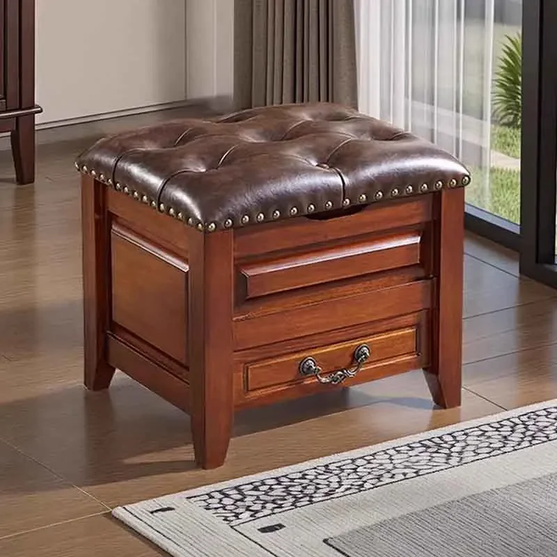 Taburete de madera maciza, taburete de cuero para sofá, taburete para cambiar zapatos, reposapiés, silla de almacenamiento creat