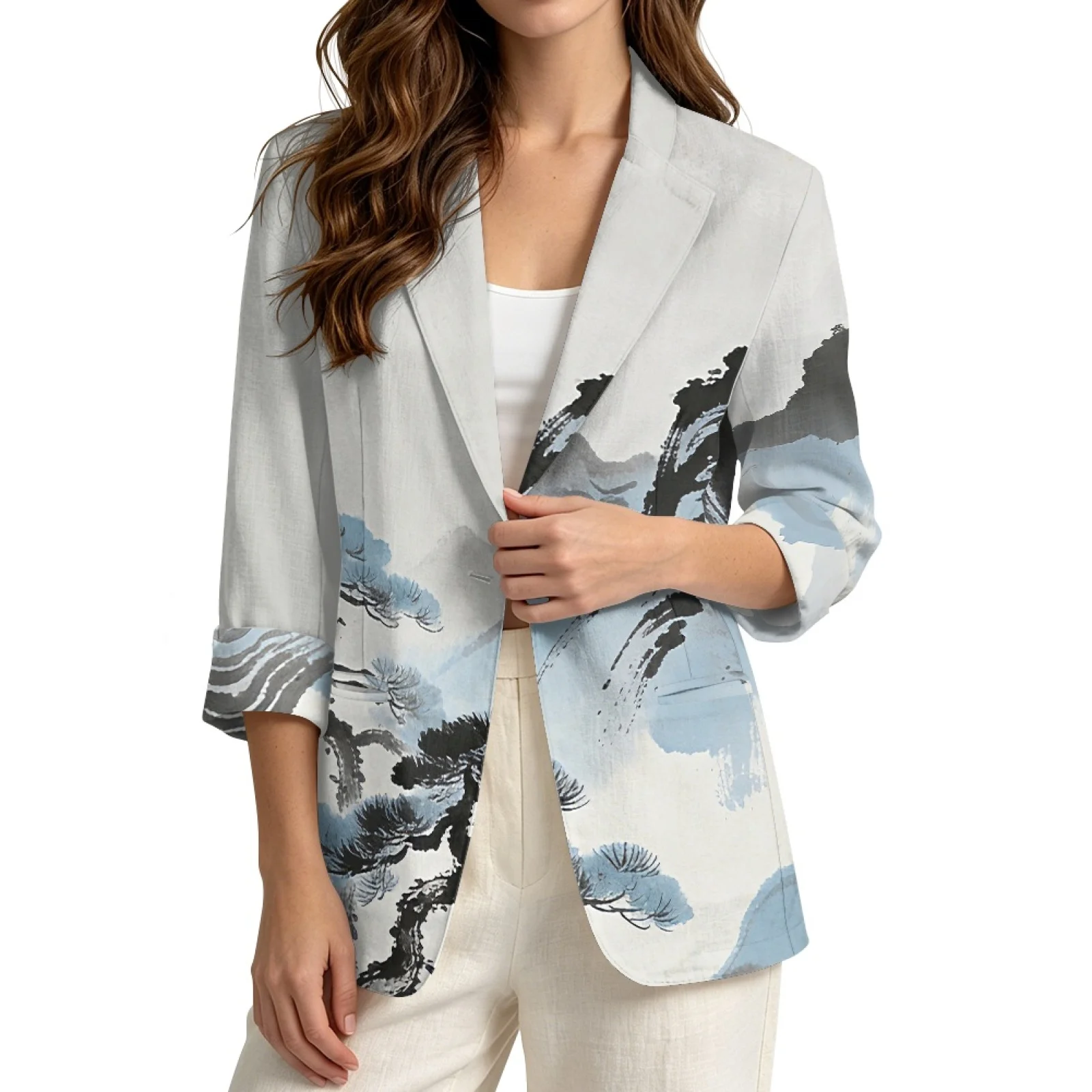 PENSTROLL Mountain Pine Print Linen Like Dressy Tops for Work Casual Open Front Tops Beach Top