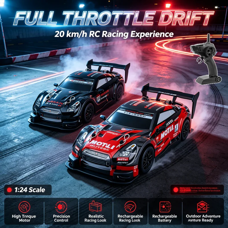 Voiture de course RC 4x4 1:24 pour drift, vitesse maximale de 20 km/h, télécommande 2,4 GHz à double mode, pneus remplaçables, jouet pour garçons
