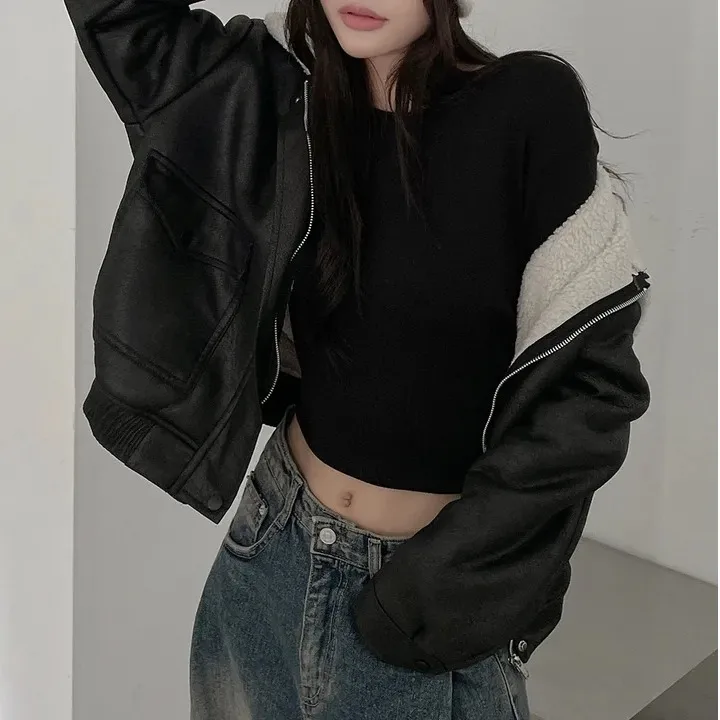 เสื้อแจ็คเก็ตหนังแกะแท้สำหรับผู้หญิง รุ่น East Gate สำหรับฤดูใบไม้ร่วงและฤดูหนาว ขนแกะและหนังแท้ อุ่นสบาย สไตล์นักขี่มอเตอร์ไซค์