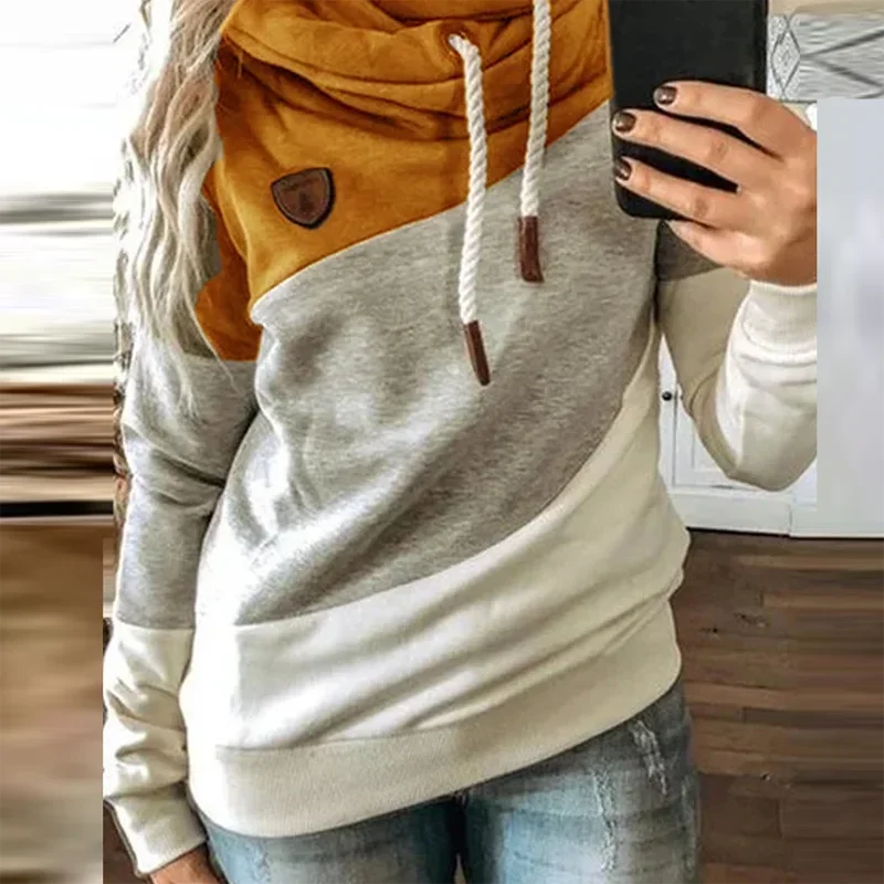 Customized 2024 New UZZDSS Women Patchwork Hooded Sweatshirt Leopard Print Drawstring Hoodie Casual Long Sleeve Pullover Tops