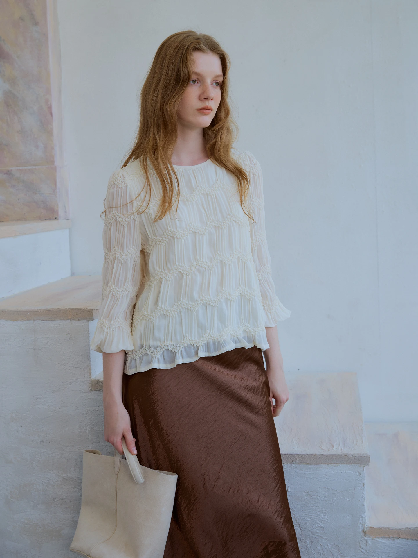 

Loose Fit Chiffon Long Sve Women's irt 3D Elastic Pleated Early Autumn New Sle 2 Colors Casual Faion French Sle