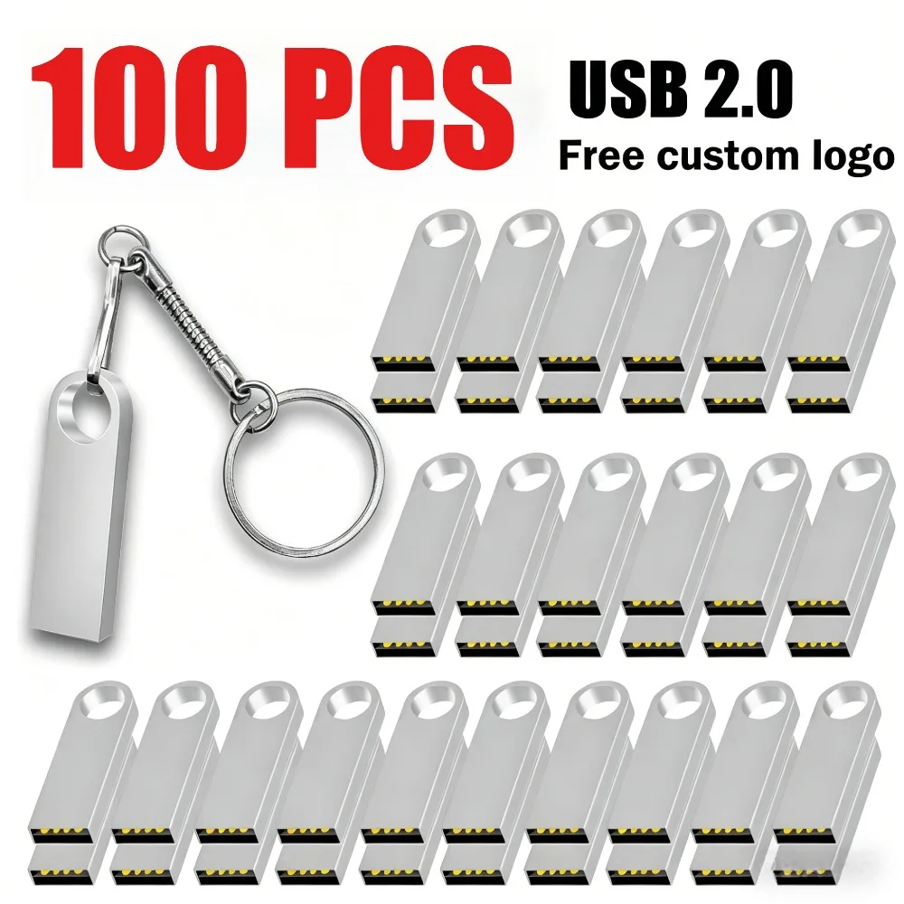 100pcs Metal 2.0 Usb Flash Drive 64GB 32GB Free Key Chain Pen Drive 16GB 8GB 4GB Creative Gifts Pendrive Free Customized Logo