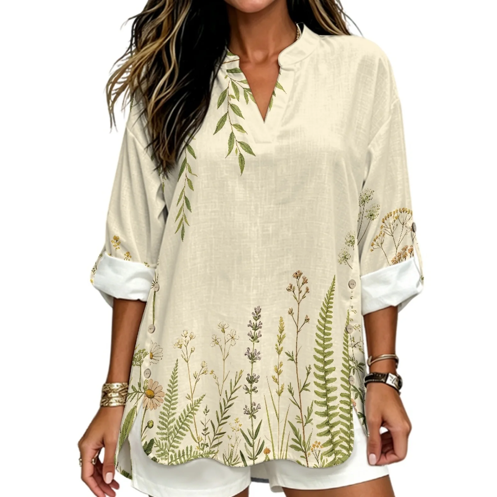 PENSTROLL Roll-Up Linen Style Tunic Blouses Casual Fit Casual Dressy Shirts for Summer Botanical Plants
