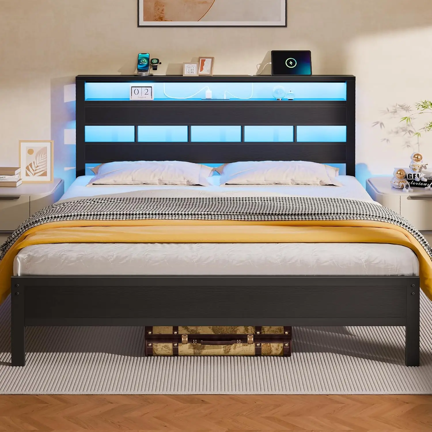 Queen Bed Frame with Storage Headboard and LED Lights, Black Oak | Heavy Duty Metal Slats Support, 2-Tier Wood Shelf, Charging Station:USB & Type-C Ports,Noise-Free,No Box Spring,Easy Assembly