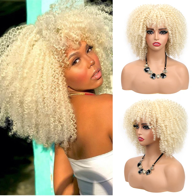 10 Inch Short Afro Kinky Curly Wig with Bangs Synthetic Black Blonde Cosplay Wigs Heat Resistant Curly Wigs for Black Women