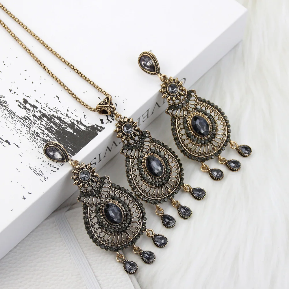 Sunspicems Vintage Turkish Jewelry Sets Big Earring Necklace For Women Retro Gold Color Bohemia Ear Pendants Chocker Sets Gift