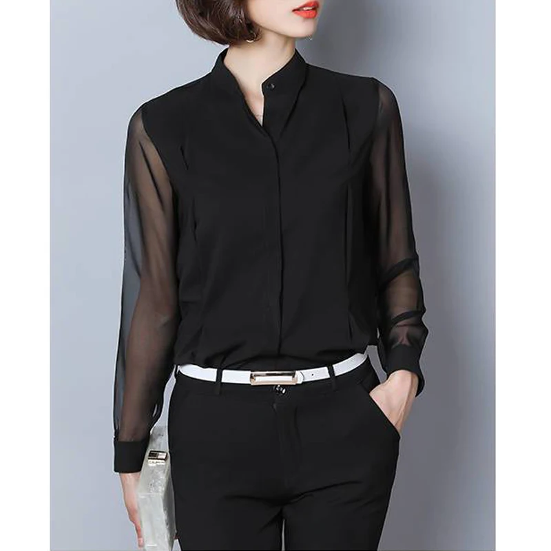 New Sexy Sheer Black Slim Long Sleeve Elegant Stand Collar Office Lady Button Up Shirt Women Fashion Simple Commute Blouses Tops