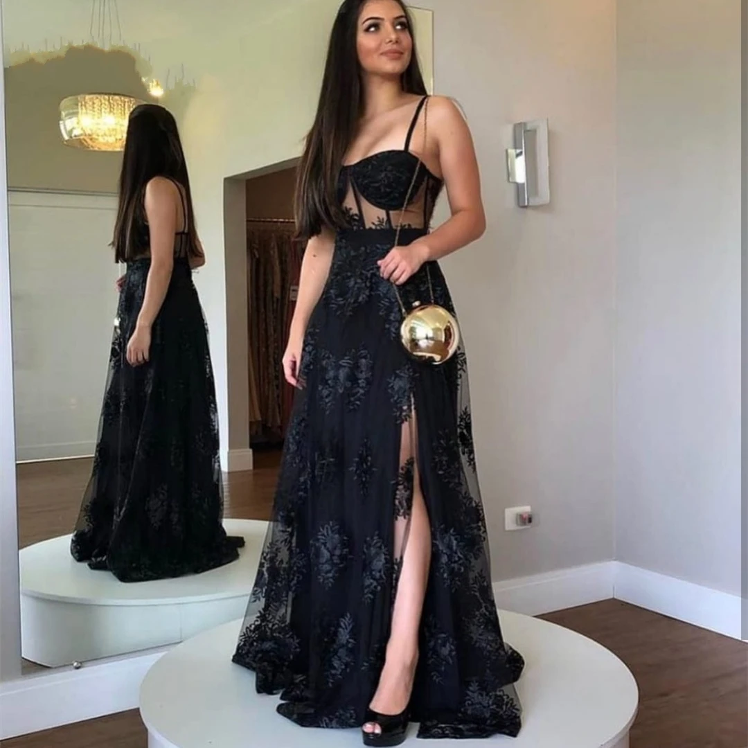 

Sexy Illusion Long Evening Dresses Black Lace Spaghetti Cocktail Evening Gowns Split Backless Prom Dresses vestidos de fiesta