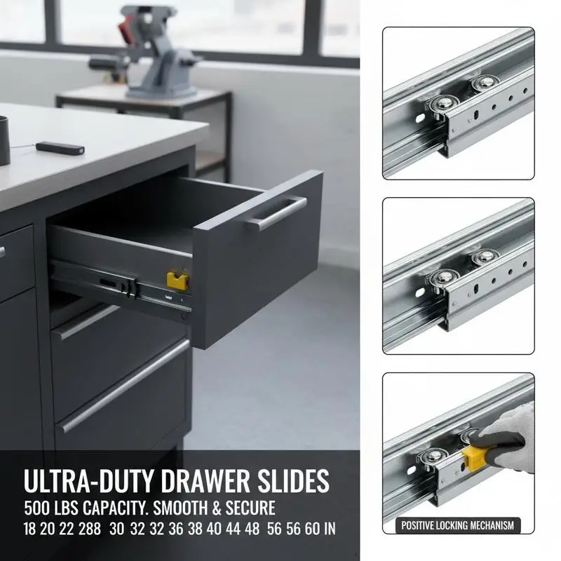 Heavy Duty Runners 18-60 Inch For Workshop Cabinets Industrial Storage Cargo Units, 500 lbs Load Capacity Locking Slide Rails