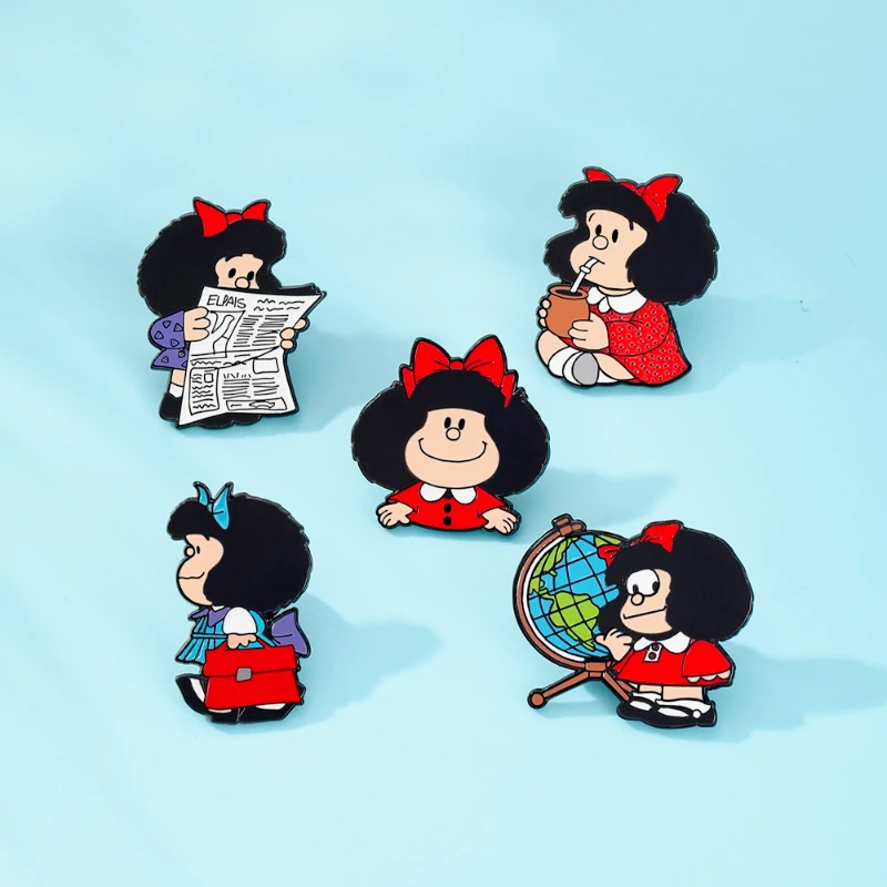 Hot New 5pcs Cute Mafalda Cartoon Enamel Pins Set Fashion Lapel Brooches for Women Men Backpack Accessory Bag Badge Jewelry Gift