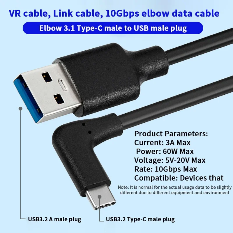 Type C VR Link Cable USB C Data Line USB3.2 Gen 2 10Gbps 3A 60W Fast Charging 90 Degree Elbow Gaming Cord for Oculus Quest PVC