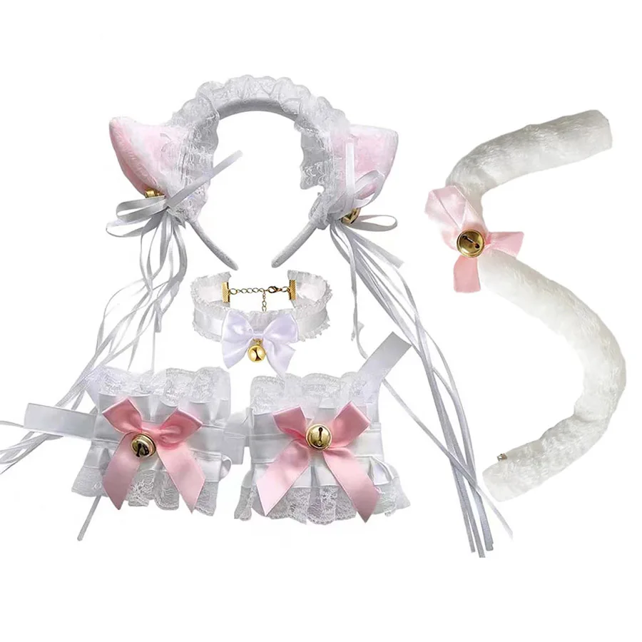 Sexy colar de renda pulseira cauda 4 pçs conjunto bonito menina gato orelha bandana role play acessórios borla cocar vestir-se conjunto