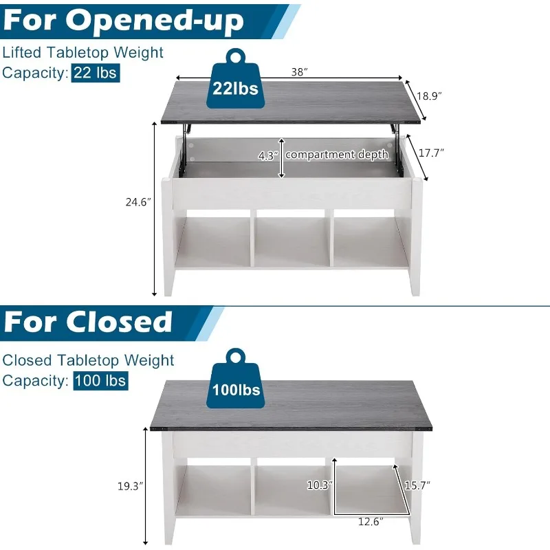 Top Coffee Table, Charcoal Top with White Frame, Farmhouse Cross-Sided Design, with Storage Shelf/Hidden Compartmen