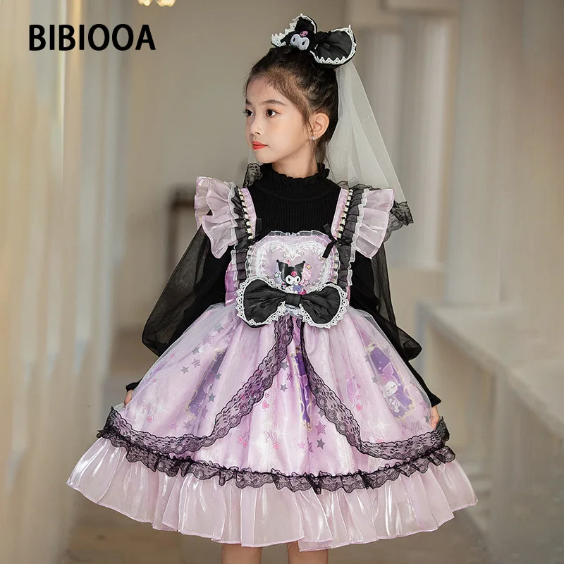 Children's Clothing Kawaii Kuromi Long Sleeve Princess Dress Suit Girl Anime Sanrio Girly Heart Cute Gauze Skirt Send Veil