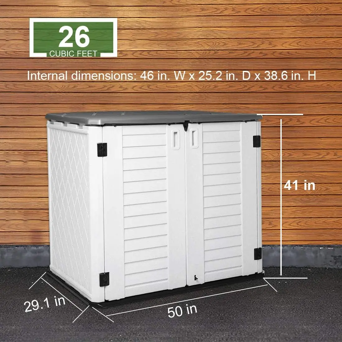 Outdoor Horizontal Garden Backyard Patio Plastic Waterproof Storage Shed Box 26 Cubic Feet Capacity Bike Garbage Can Lawn Mower
