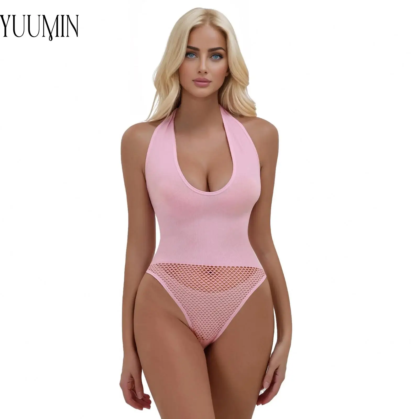 

Womens Halter-Neck One-Piece Shapewear Low-cut Sleeveless Backless Hollow Out Bottom Stretchy Yoga Fitness Leotard Body Shaper