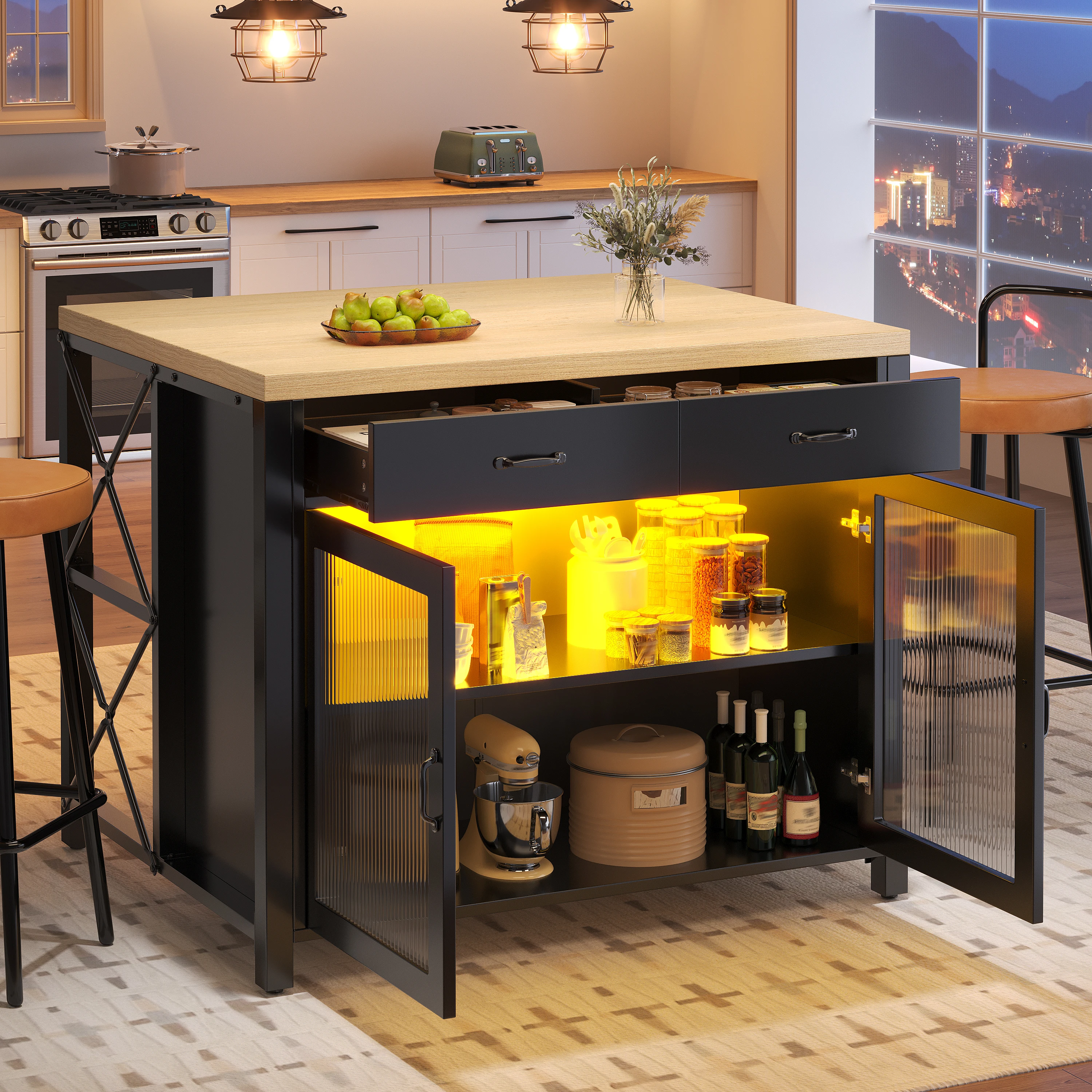 Îlot de cuisine moderne avec barre lumineuse LED, table de comptoir noire, plateau en bois grainé, table de bar à café avec porte en verre, 2 tiroirs, pieds réglables, polyvalent pour salon, salle à manger