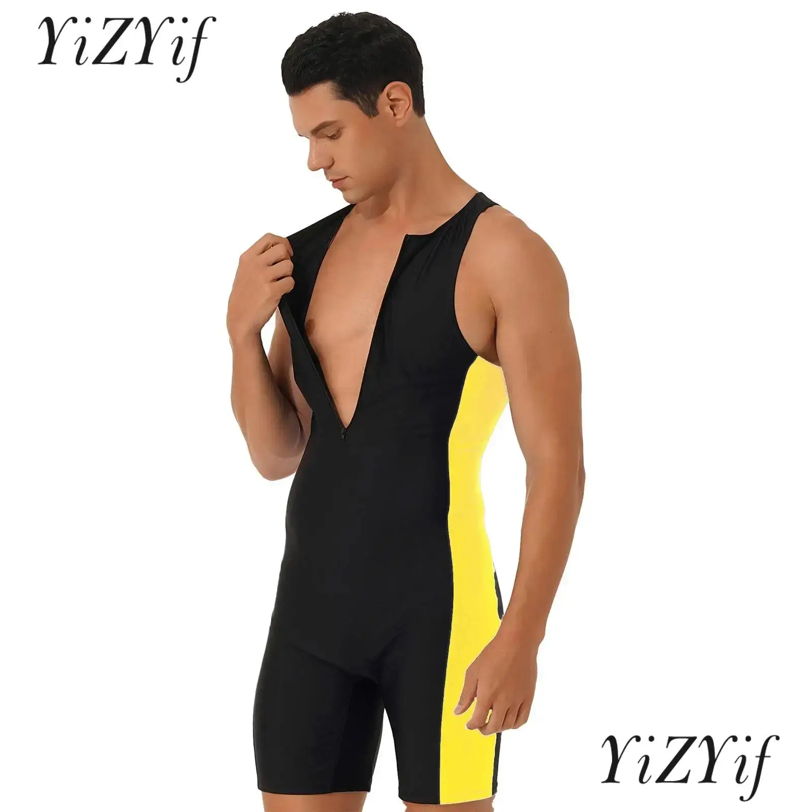 

Мужской Цельный купальник, купальный комбинезон, лоскутные боковые шорты, боди, триатлоновый гидрокостюм для пляжа, бассейна, купальный костюм