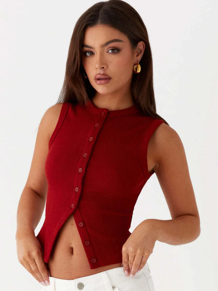 Somenie European and American Women's 2026 Summer Y2K Slim-Fit Spice Sleeveless Crew Neck Threaded Button Vest