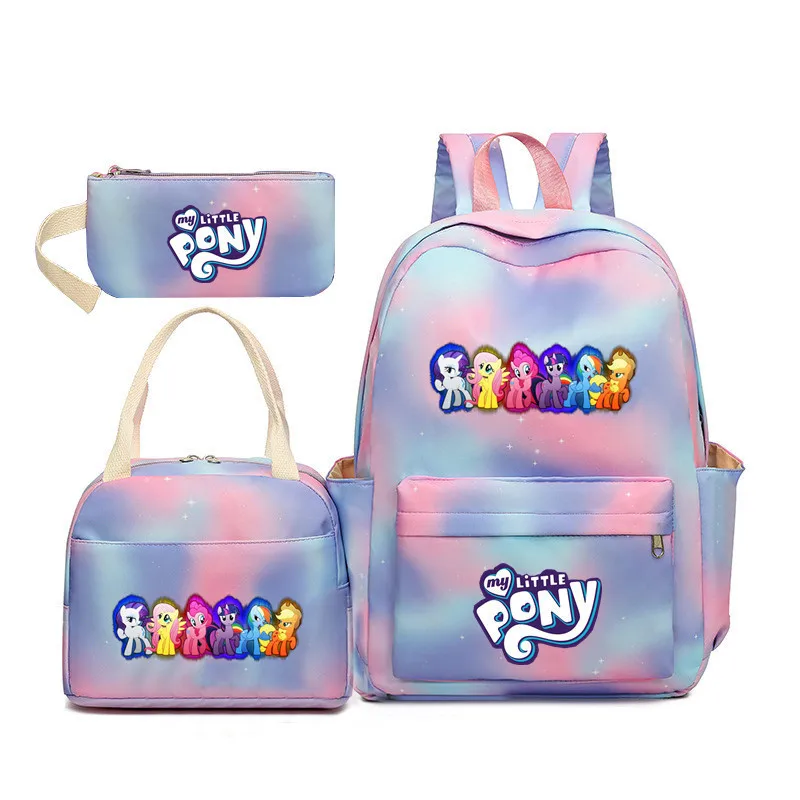 Kawaii Miniso My Little Pony Plecak Gradientowy Kolor Dzieci Trzyczęściowy Zestaw Piękna Moda Anime Figurka Prezent Festiwalowy