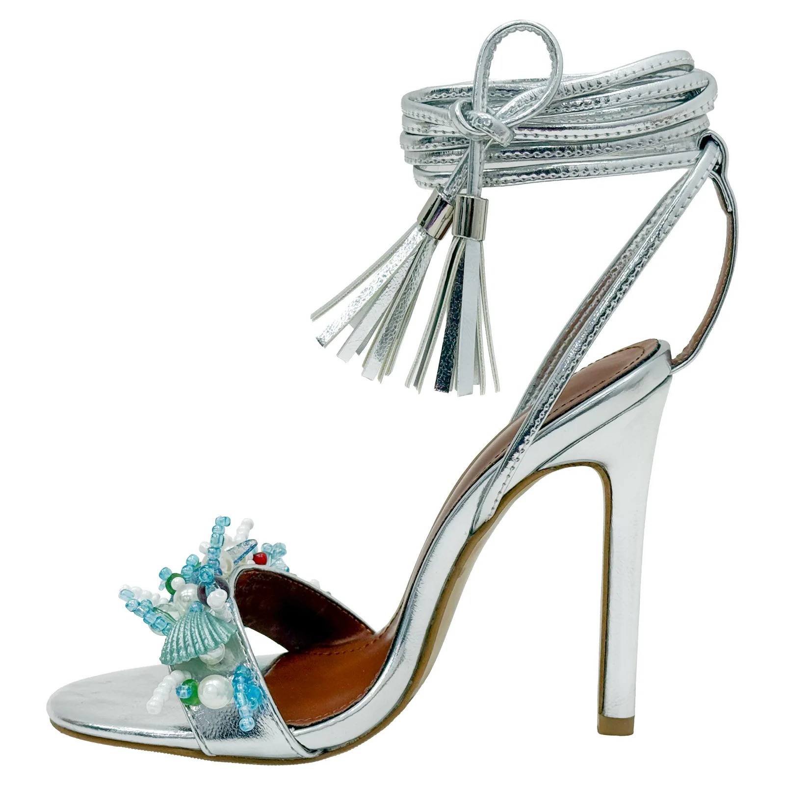 Shells Starfish String Bead Round Toe Buckle Shallow Summer Women Sandals Stiletto High Heels Lace Up Design Large Size Shoes