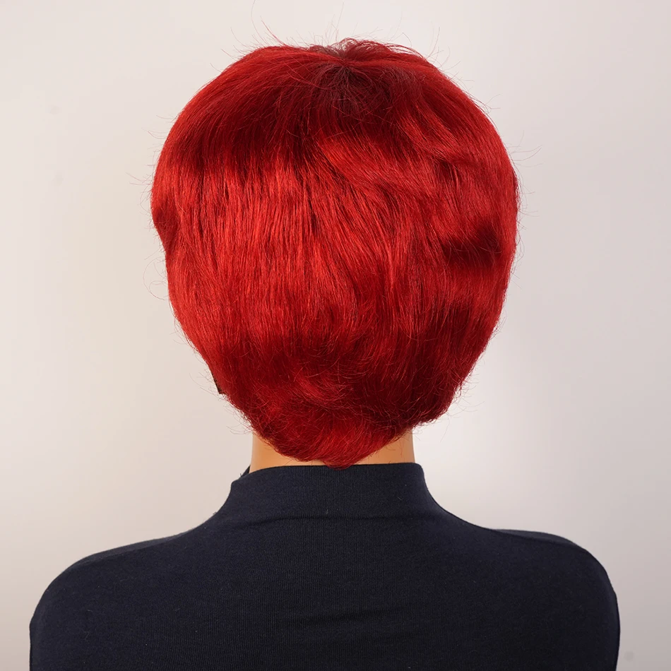 빨간색 숏 픽시컷 보브 100% 인모 가발 여성용 브라질 레미 헤어 앞머리 있는 숏 스트레이트 풀 머신 메이드 가발