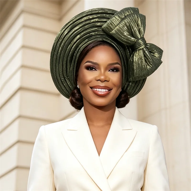Glitter Bow Turban Cap for Women African Auto Gele Headtie Aso Oke Nigerian Wedding Party Headgear Already Made Bonnet Head Wrap