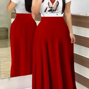 Summer New Commuter Digital Printed Long Dress Elegant Women's Slim Fit Round Neck Short Sleeve Red High Heels Printed Dresses