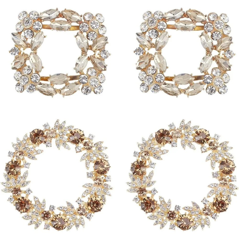 

4Pcs Elegant Rhinestone Metal Shoe Clips (Round Square Light Gold) Bridal Flower Shoe Buckles for Wedding Party Purse